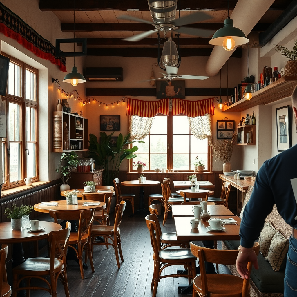 Cozy Ukrainian cafe interior with traditional decor, wooden tables, and warm lighting showcasing local coffee culture and authentic atmosphere
