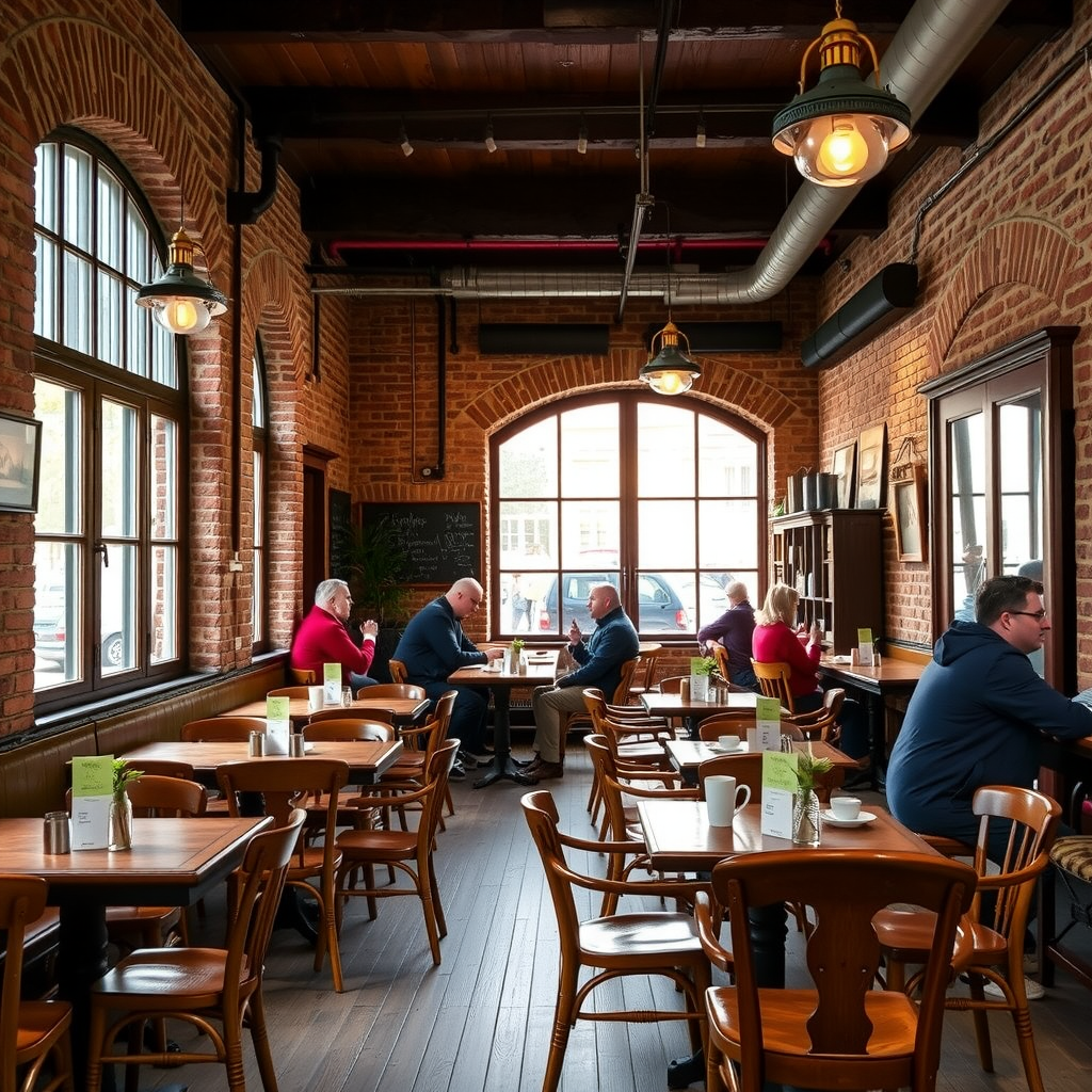 Interior of a charming coffee shop in Lviv's Old Town with vintage wooden furniture, exposed brick walls, warm lighting, and locals enjoying coffee in a traditional Austrian-style setting