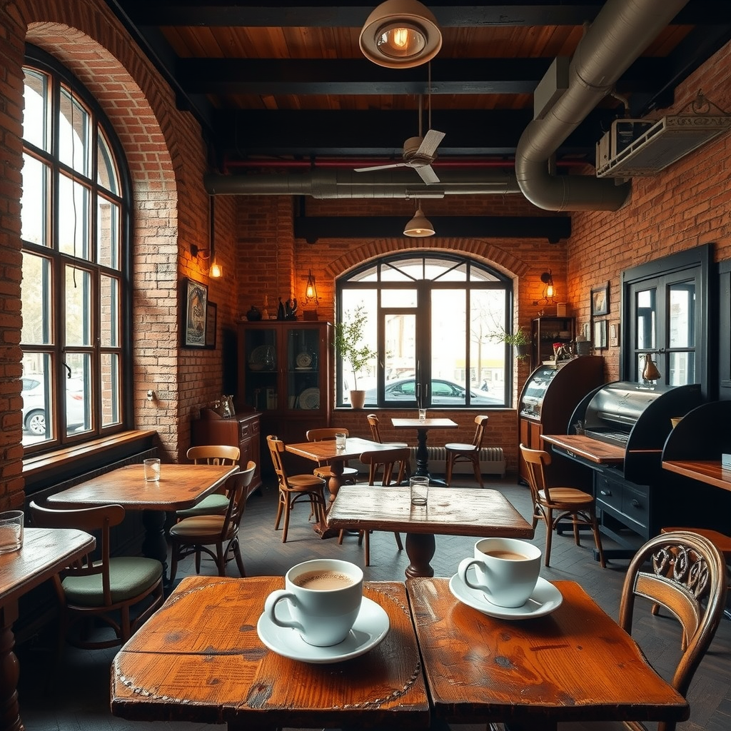 Warm interior of a traditional coffee shop in Lviv's Old Town with vintage furniture, exposed brick walls, and steaming coffee cups on wooden tables