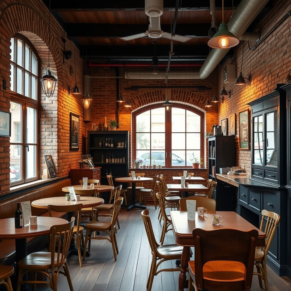 Warm and inviting coffee shop interior in Lviv's Old Town with vintage wooden furniture, exposed brick walls, and soft lighting creating an intimate atmosphere