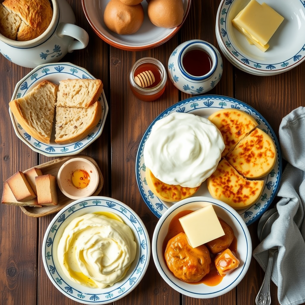 Traditional Ukrainian breakfast spread featuring syrniki with sour cream, varenyky with butter, fresh bread, honey, and traditional ceramic dishes on a rustic wooden table
