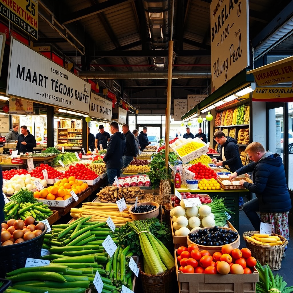 Bustling Kyiv food market with vendors selling fresh produce, traditional Ukrainian ingredients, and modern culinary creations, showcasing the blend of old and new in Ukrainian gastronomy