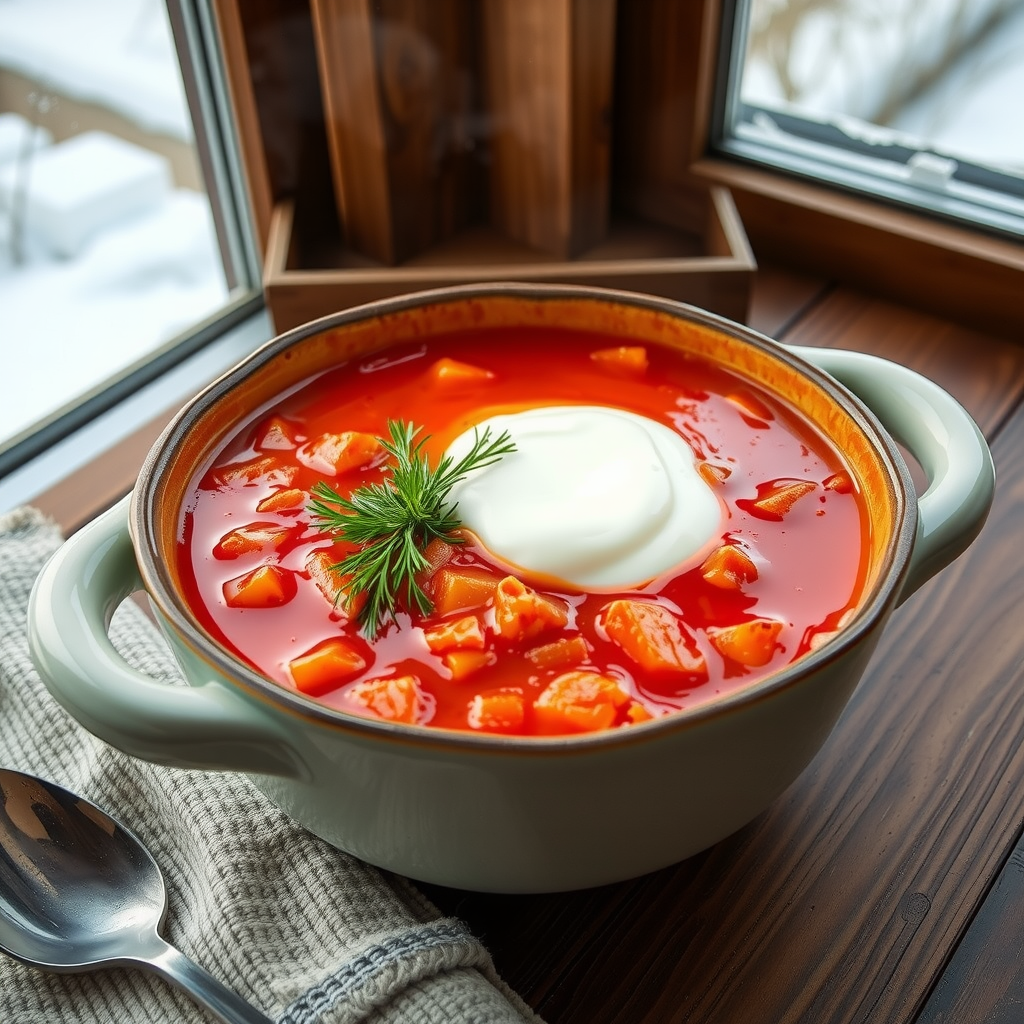 Traditional Ukrainian winter soup borscht steaming in ceramic bowl with sour cream and fresh dill on wooden table with snow visible through window