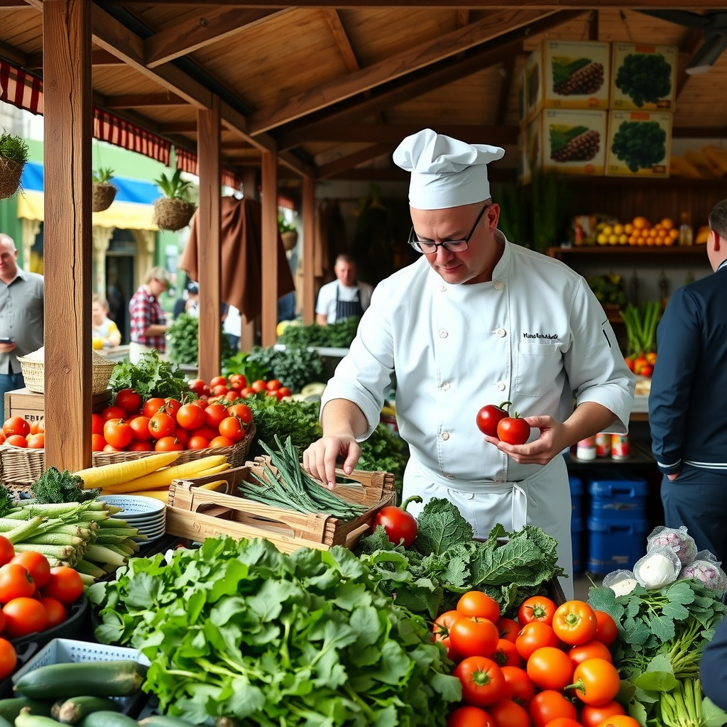 Ukrainian chef carefully selecting fresh seasonal vegetables from local farmers at a bustling outdoor market with traditional wooden stalls displaying colorful organic produce