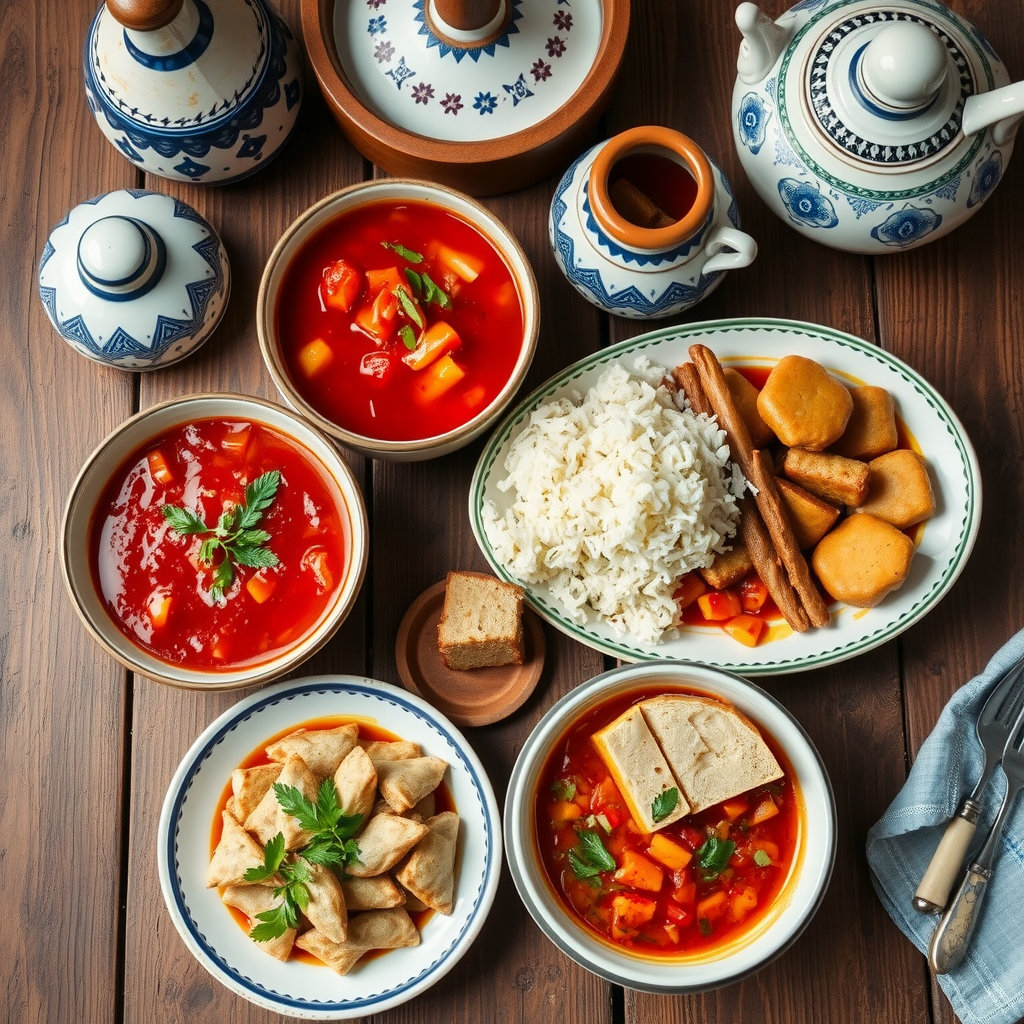 Traditional Ukrainian dishes including borscht, varenyky, and salo beautifully presented on rustic wooden table with traditional ceramics