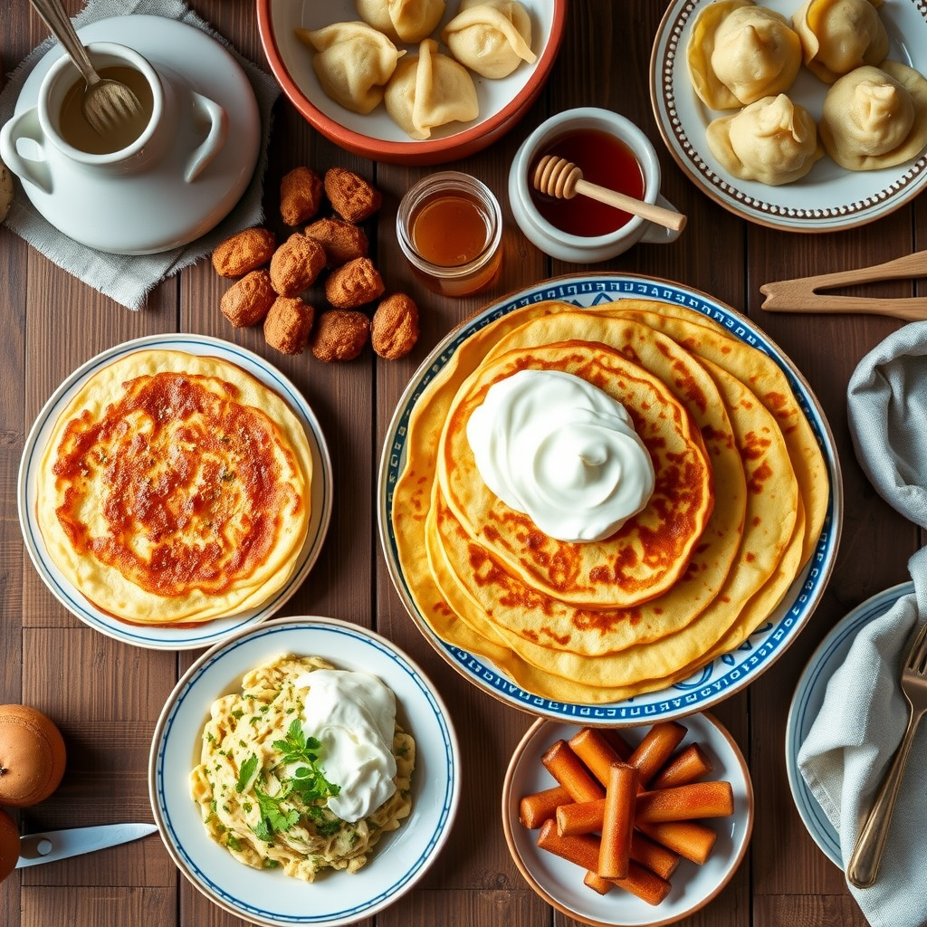 Traditional Ukrainian breakfast spread featuring golden syrniki pancakes, steaming varenyky dumplings, fresh sour cream, honey, and regional morning delicacies arranged on rustic wooden table