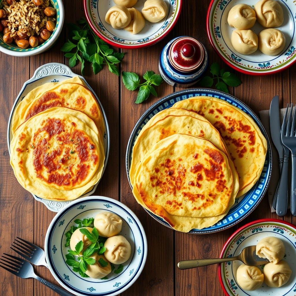 Traditional Ukrainian breakfast spread featuring golden syrniki pancakes, varenyky dumplings, fresh herbs, and colorful ceramic dishes on a rustic wooden table