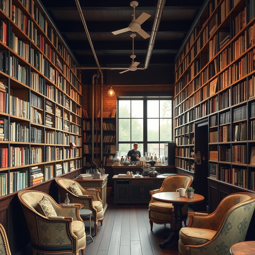Intimate bookshop cafe with floor-to-ceiling bookshelves, vintage armchairs, and warm lighting, featuring a small coffee bar with exposed copper pipes