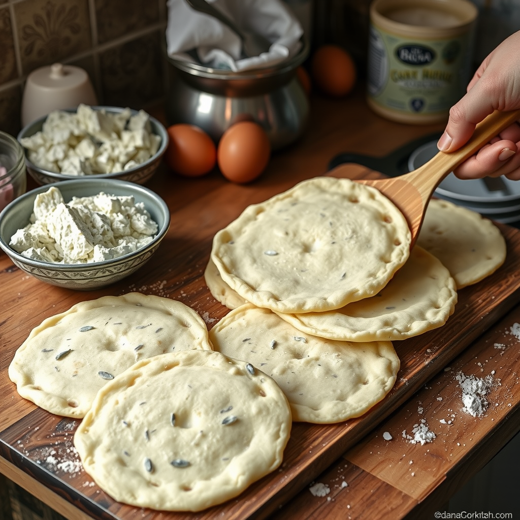 Freshly made syrniki (cottage cheese pancakes) being prepared in a traditional Ukrainian kitchen with ingredients like cottage cheese, eggs, and flour visible on a wooden counter