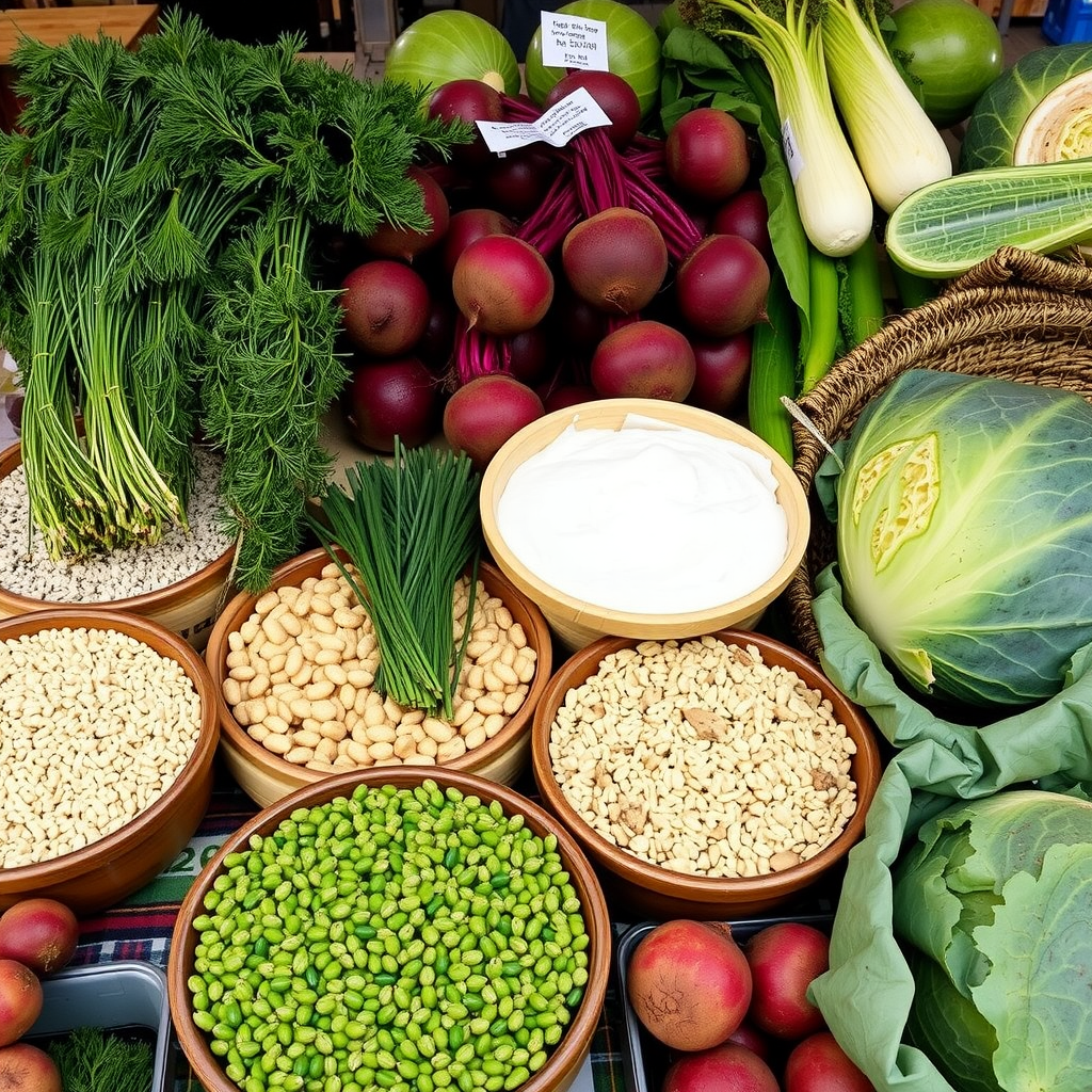 Display of traditional Ukrainian ingredients including fresh dill, sour cream, buckwheat, beets, and cabbage arranged at a modern Kyiv market stall