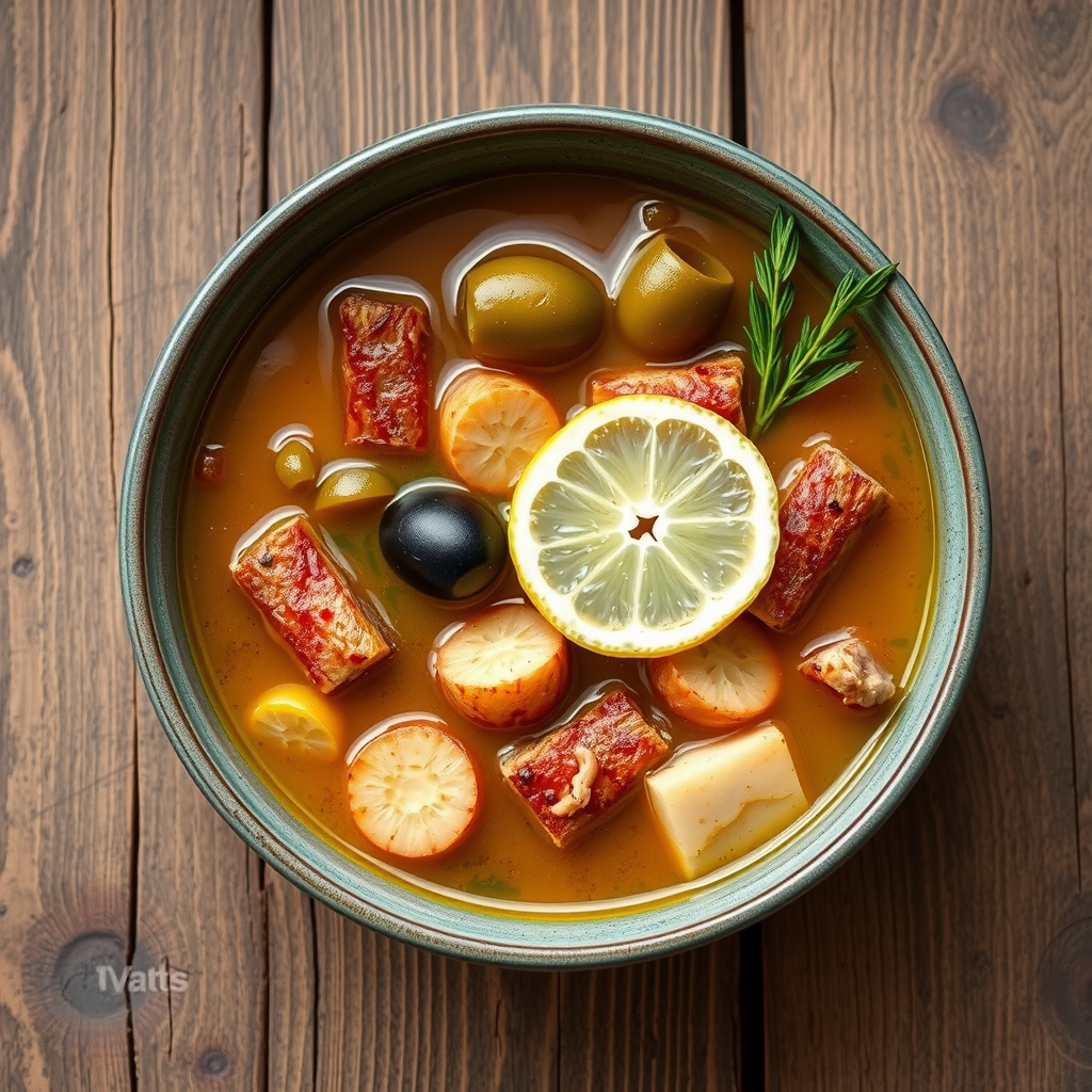 Bowl of solyanka soup with pickles olives and meat garnished with lemon slice and herbs on rustic wooden background