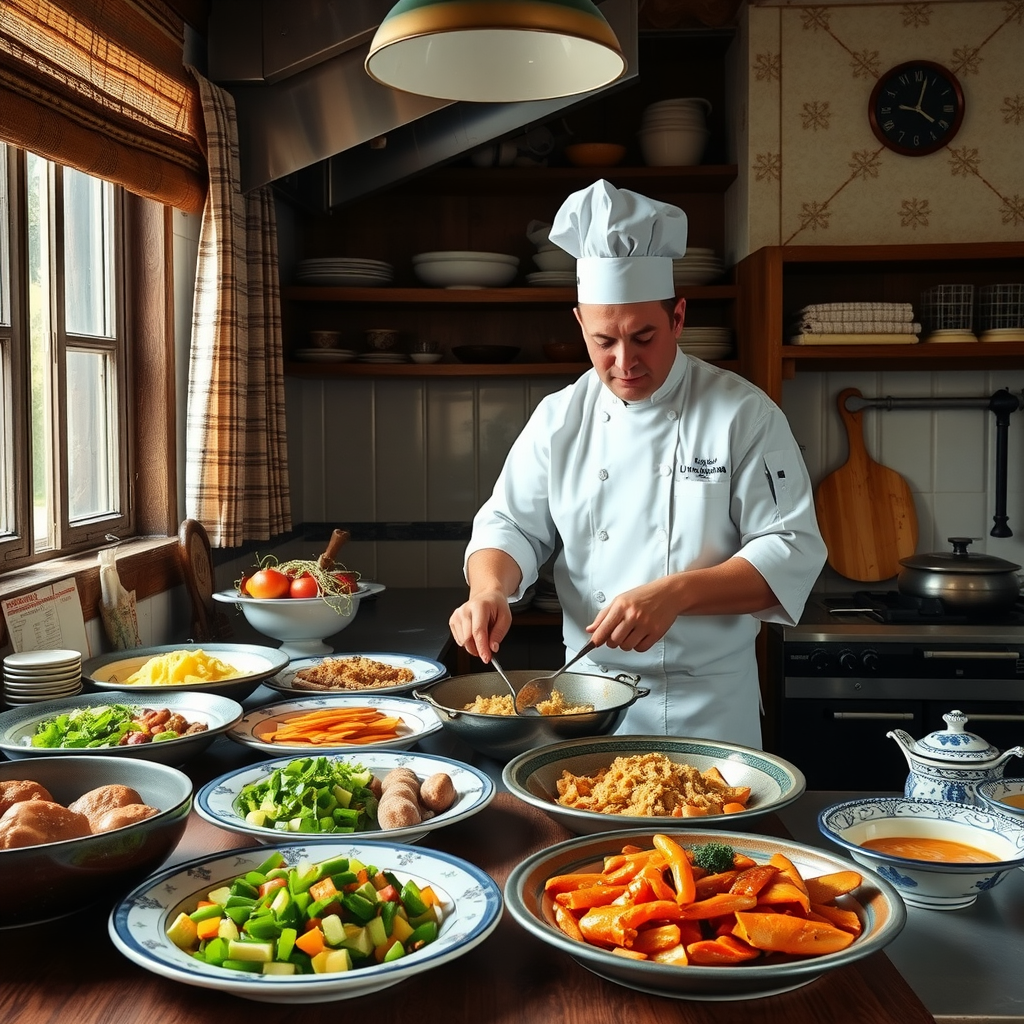 Traditional Ukrainian restaurant kitchen with chef preparing authentic dishes using fresh local ingredients and time-honored cooking methods