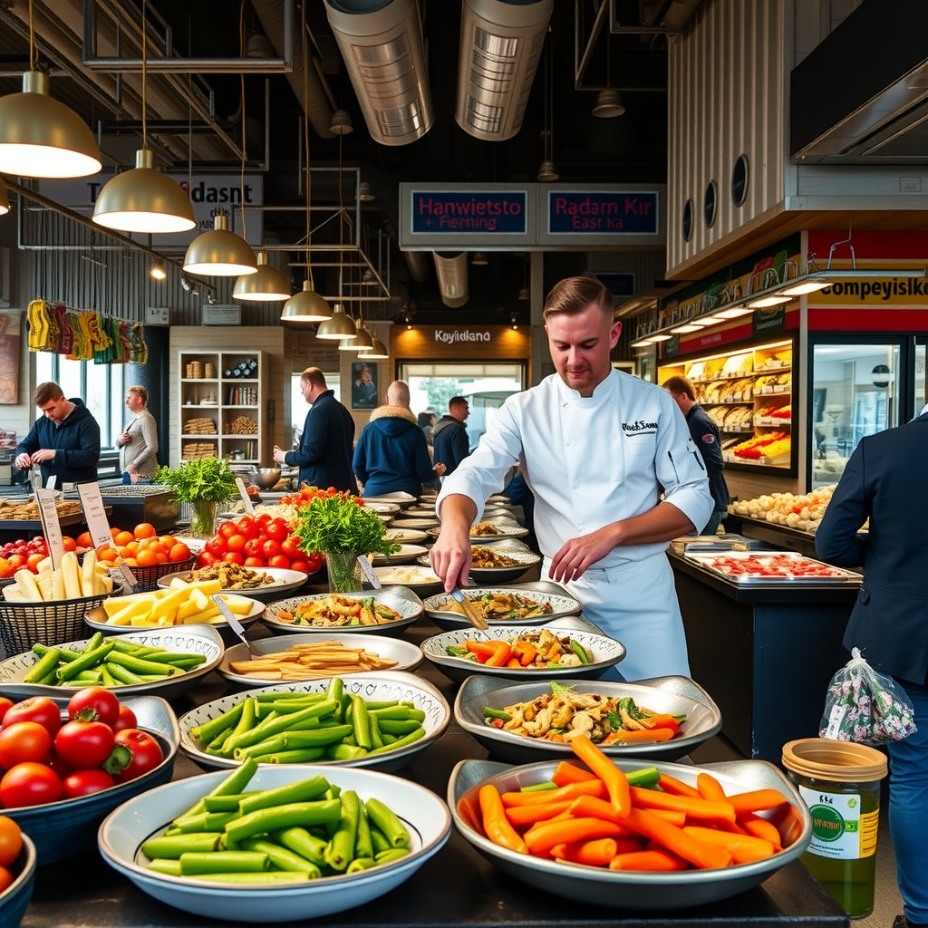 Modern food market in Kyiv with contemporary chef preparing innovative Ukrainian dishes, colorful fresh ingredients, bustling atmosphere mixing traditional vendors with modern gastronomy stalls