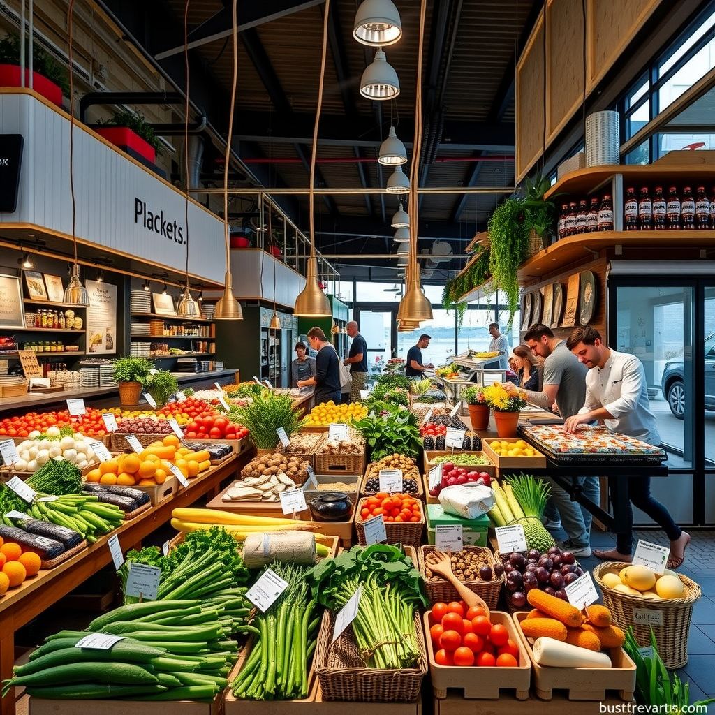 Bustling modern food market in Kyiv with contemporary stalls, fresh local produce, artisanal foods, and chefs preparing innovative dishes using traditional ingredients