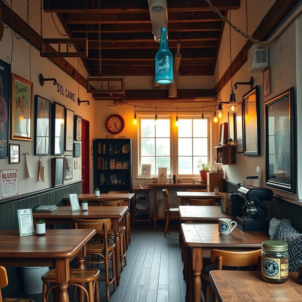 Tiny coffee shop with rustic wooden tables, vintage blue bottle hanging from ceiling, warm yellow lighting, and local artwork on weathered walls