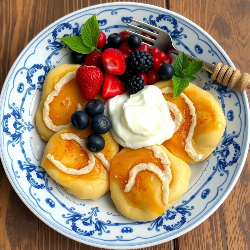 Traditional Ukrainian varenyky served for breakfast with sour cream, fresh berries, and honey on a white ceramic plate with traditional blue patterns
