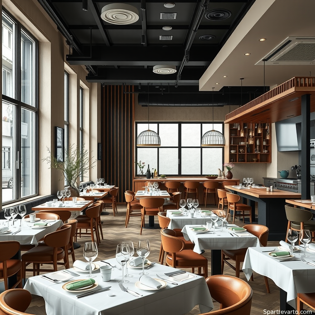 Interior of a modern Ukrainian restaurant in Kyiv featuring contemporary design with traditional Ukrainian decorative elements, elegant table settings, and an open kitchen