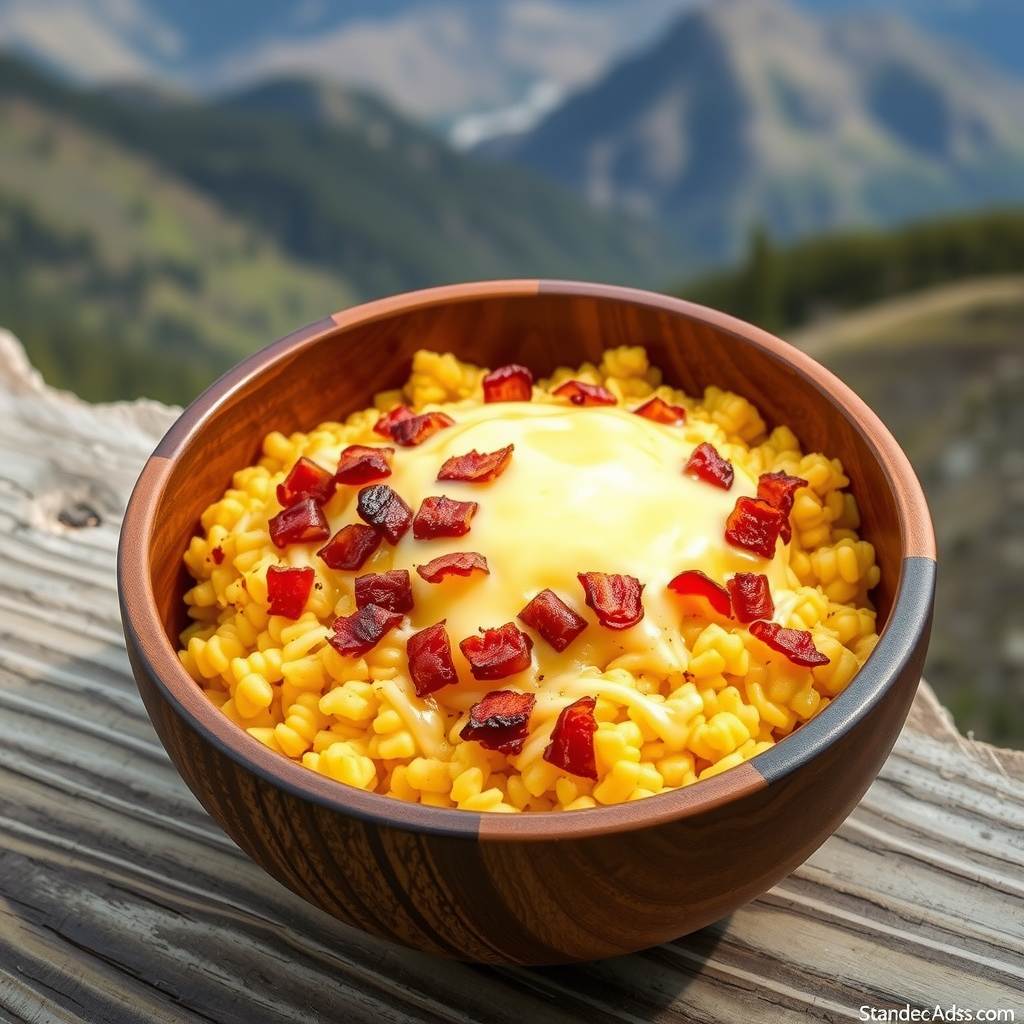 Traditional banosh cornmeal dish with melted cheese and crispy bacon bits served in wooden bowl with mountain landscape background