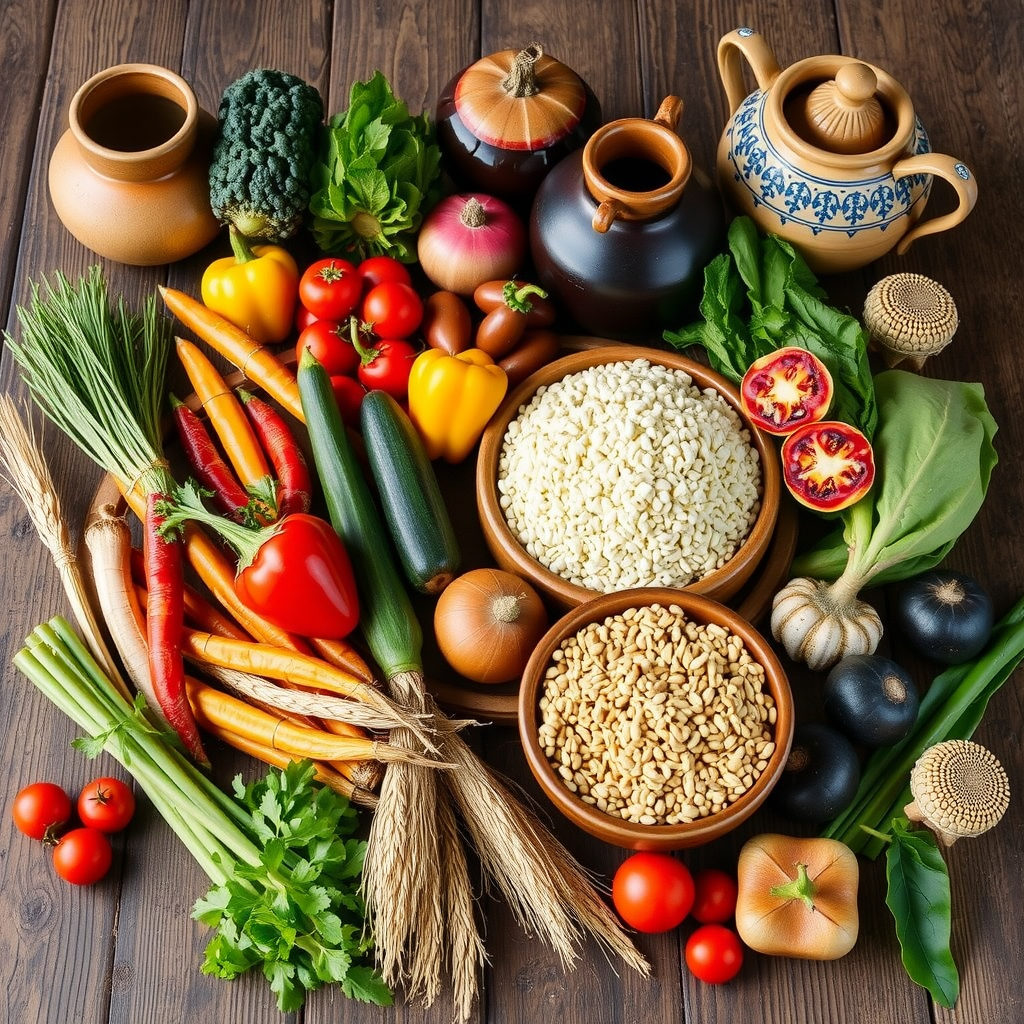 Colorful display of heritage Ukrainian vegetables and ancient grains beautifully arranged on rustic wooden table with traditional ceramic pottery
