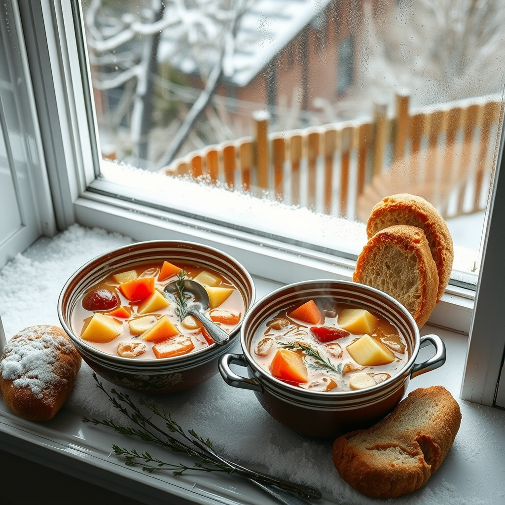 Steaming bowls of traditional Ukrainian winter soups and stews with root vegetables, herbs, and warm bread on a snow-dusted windowsill with frost patterns