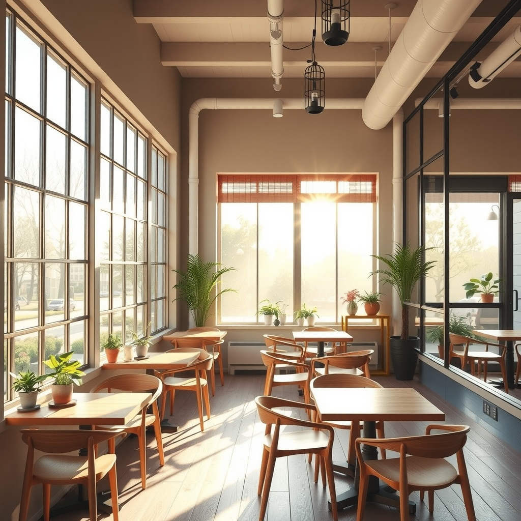 Bright morning coffee shop with large windows, simple wooden furniture, plants on windowsills, and soft natural lighting streaming through clean glass