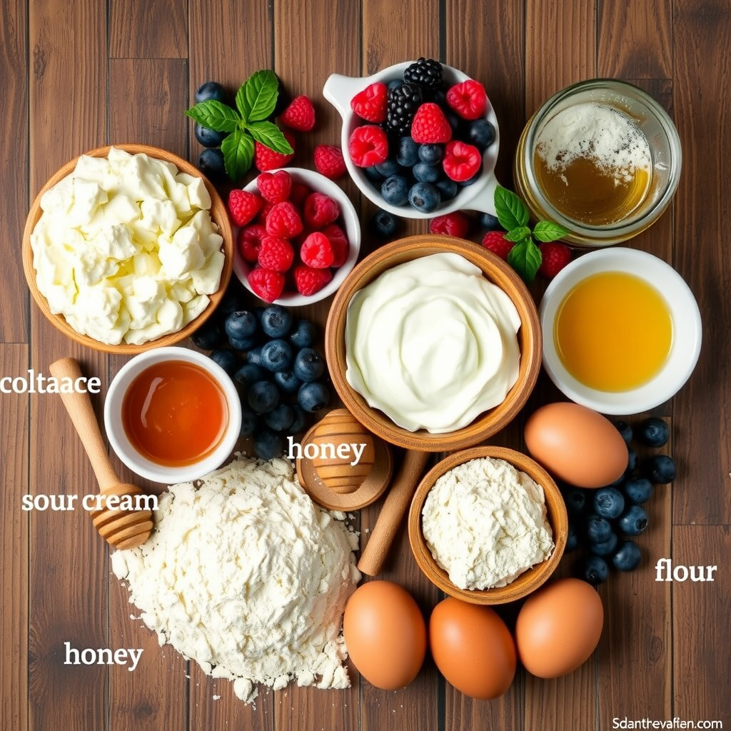 Array of traditional Ukrainian breakfast ingredients including cottage cheese, sour cream, fresh berries, honey, eggs, and flour arranged on a rustic wooden surface