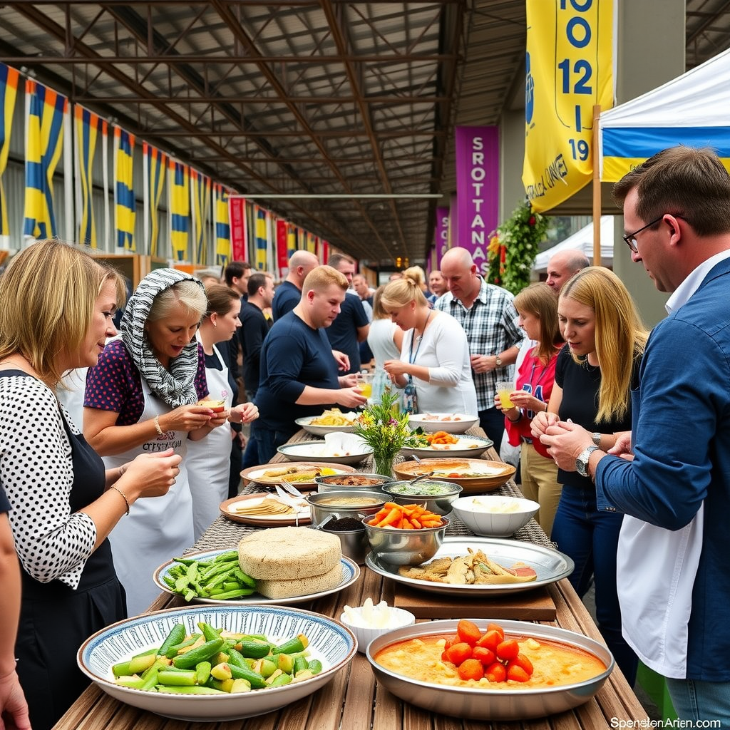Vibrant Ukrainian food festival in Kyiv with people tasting various traditional and modern dishes, cooking demonstrations, and vendors showcasing both heritage and innovative Ukrainian cuisine