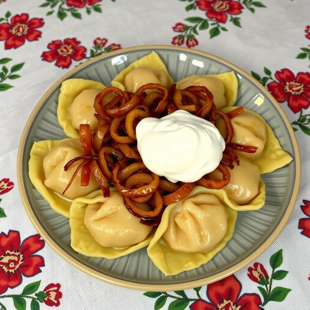 Plate of varenyky dumplings filled with potato and cheese topped with caramelized onions and sour cream on traditional Ukrainian tablecloth
