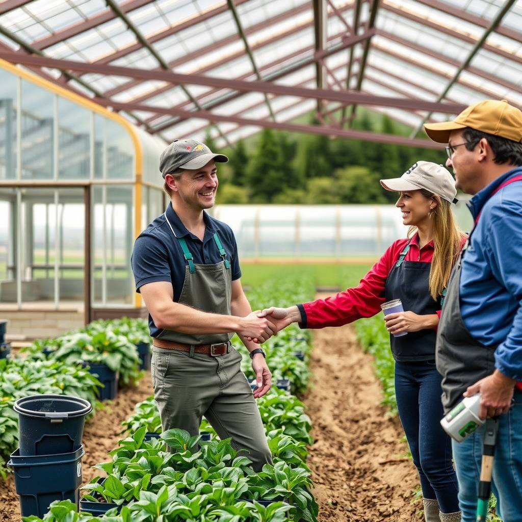Restaurant staff and local farmers shaking hands during farm visit with modern greenhouse and fertile fields in background showing partnership