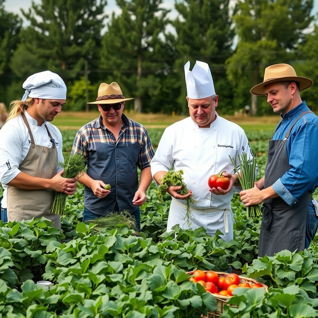 Ukrainian farmers and chefs working together in a field with fresh vegetables, showcasing the farm-to-table movement with local produce and sustainable farming practices