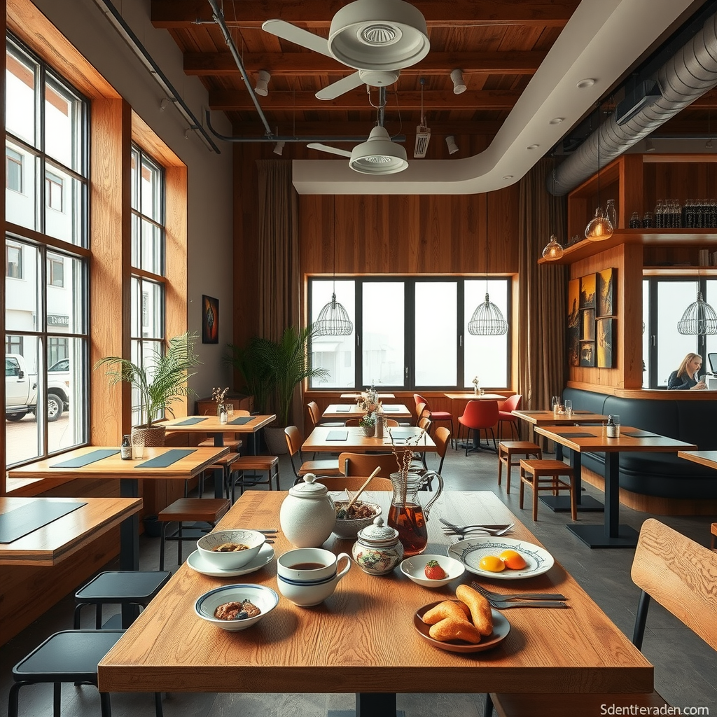 Modern Ukrainian cafe interior serving traditional breakfast dishes with contemporary presentation, featuring wooden tables, traditional ceramics, and natural lighting