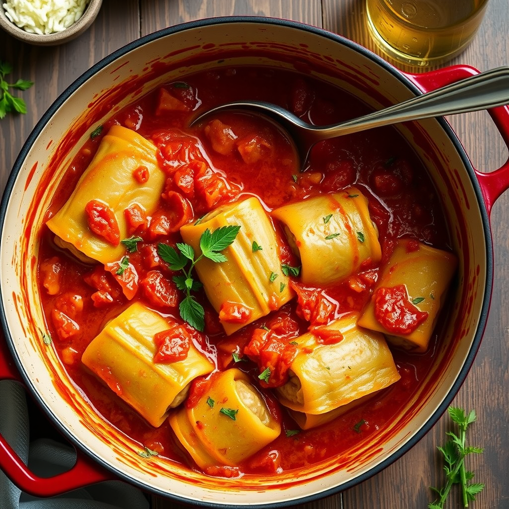Traditional holubtsi stuffed cabbage rolls in rich tomato sauce garnished with fresh herbs in cast iron pot with wooden spoon