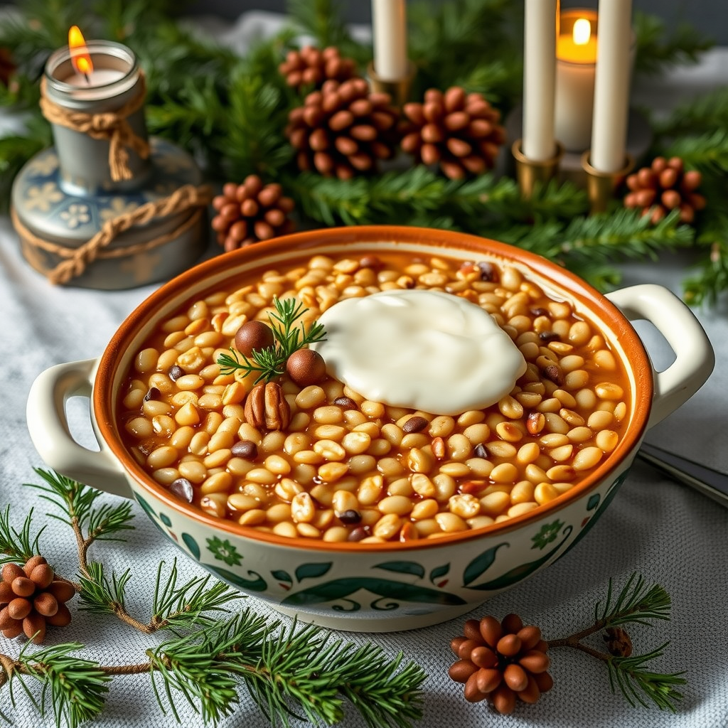 Traditional Ukrainian Christmas kutia sweet grain pudding with poppy seeds honey and nuts served in decorative bowl with candles and evergreen branches