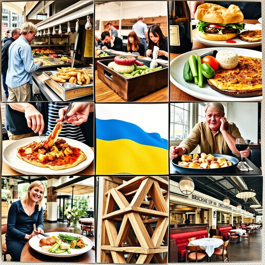 Collage showing various Ukrainian food experiences from street food markets to fine dining restaurants representing the diversity of local cuisine
