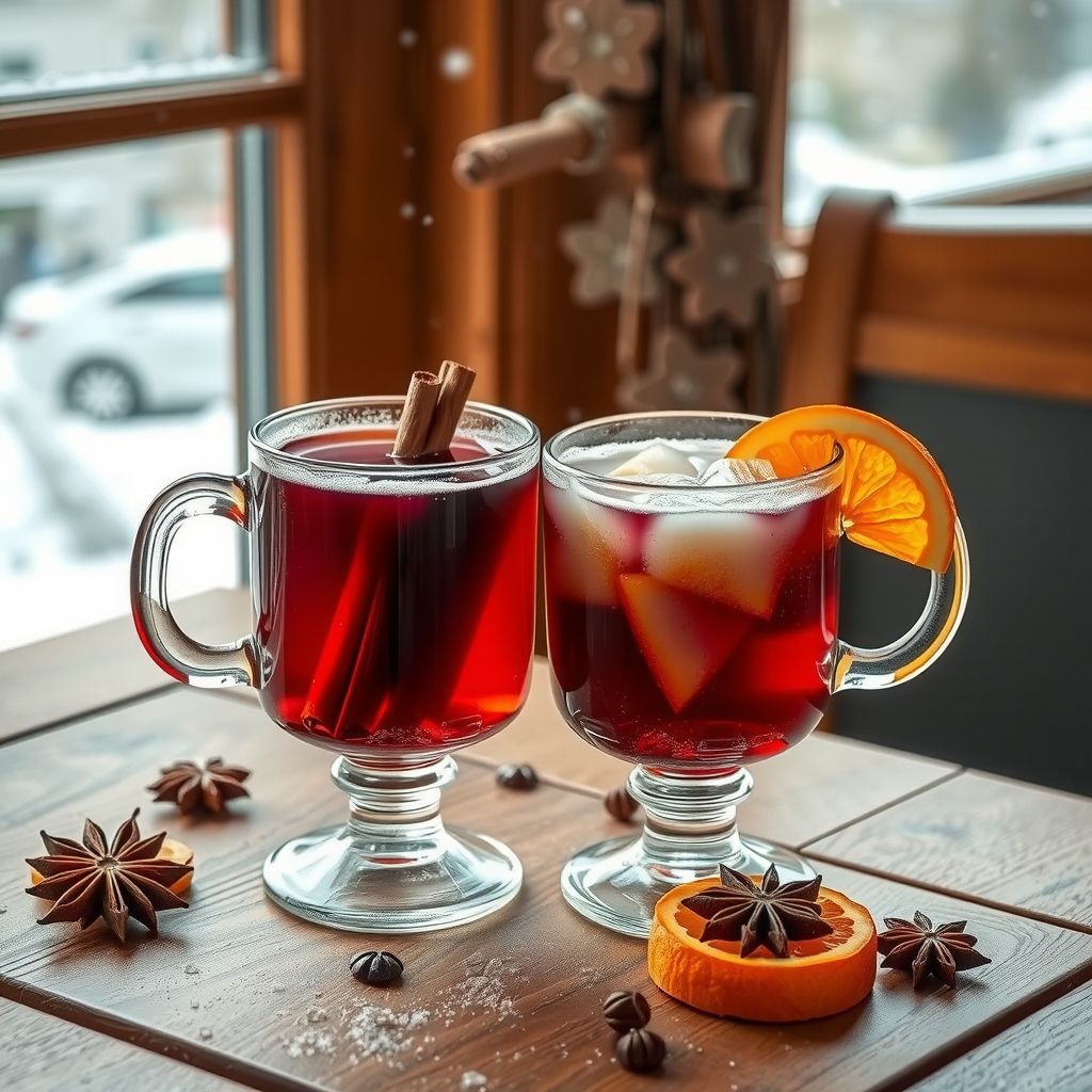 Steaming glass of mulled wine with cinnamon sticks orange slices and star anise on wooden table with snow falling outside window